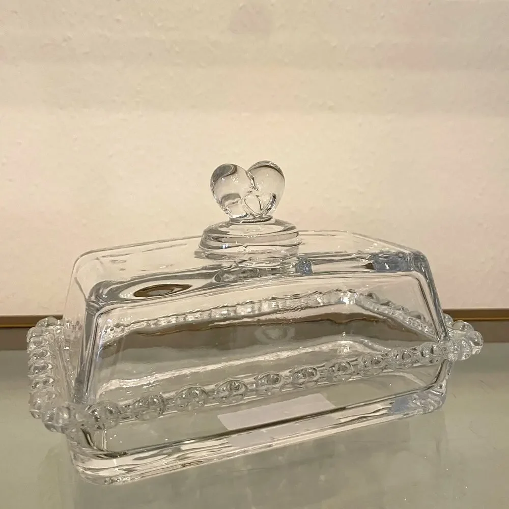 NEW Valentine Clear Glass Covered Butter Dish with Heart Handle